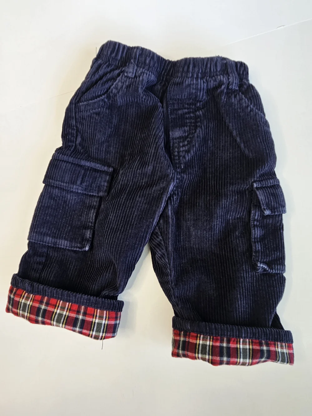 Vintage OshKosh Navy Corduroy Plaid Lined Cargo Pants 3-6M